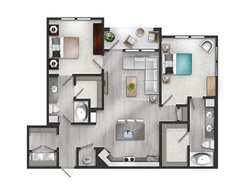 Floor plan for 2 beds, 2 baths, 1153 sqft